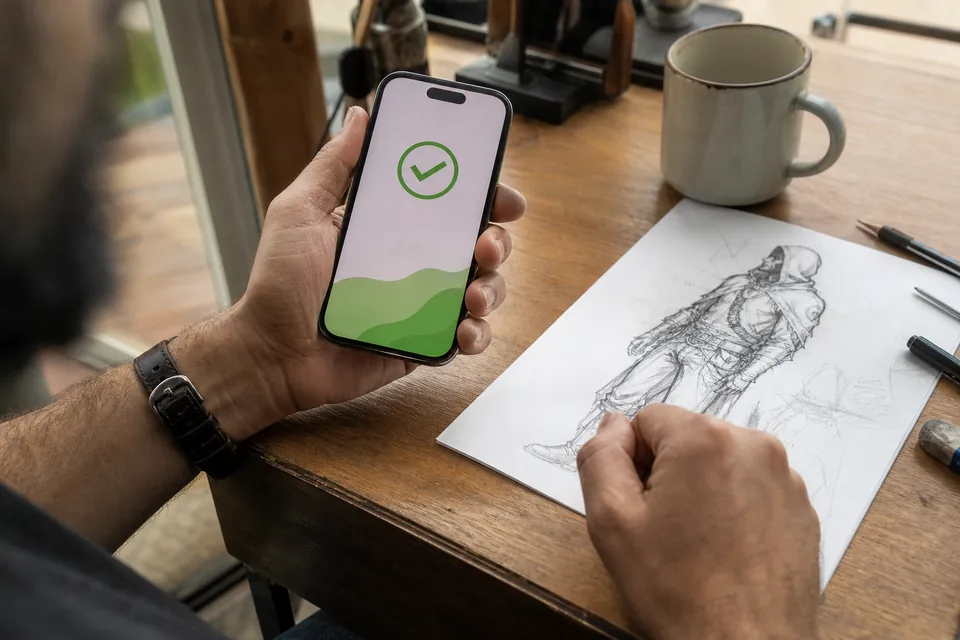 Artist holding a phone with a payment confirmation next to an approved character sketch