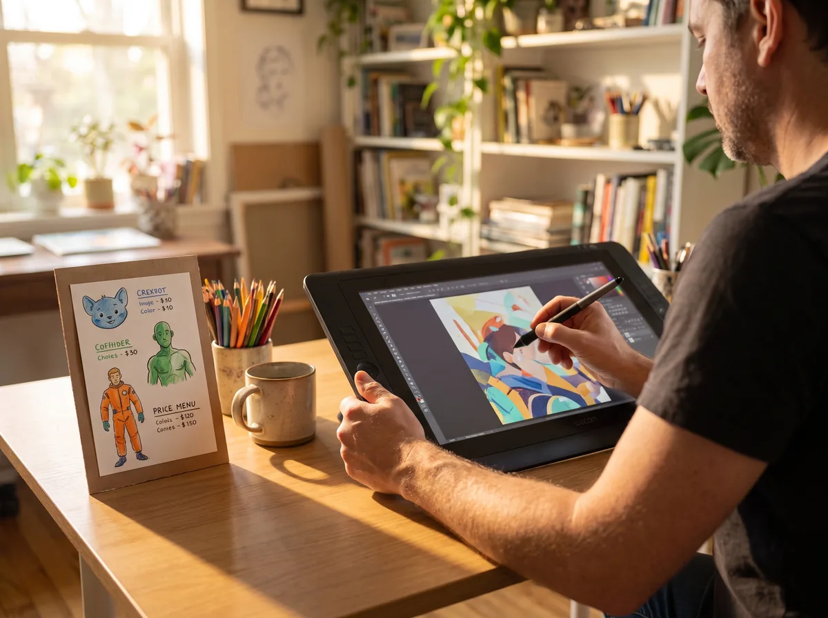 Illustrator at a drawing tablet with a tiered commission price menu on the desk