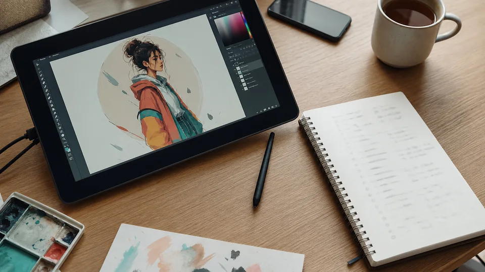 Illustrator desk with a character sketch on a pen display, a stylus and a commission checklist notebook