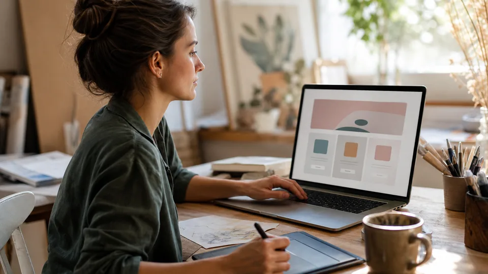 Freelance illustrator editing a one-page commission site on a laptop at a home studio desk