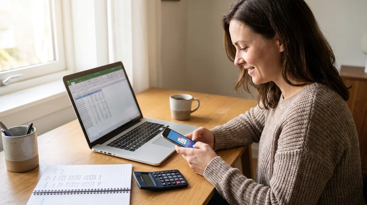 Freelancer checking a client payment on her phone next to an open invoice