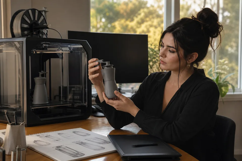 3D modeler checking a 3D printed prototype of a product model at a home studio desk