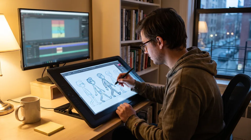 Animator timing a 2D character walk cycle on a pen display with a quote on a second screen