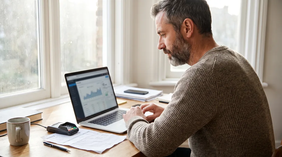 Freelance consultant reviewing a card payment payout on a laptop at a home office desk